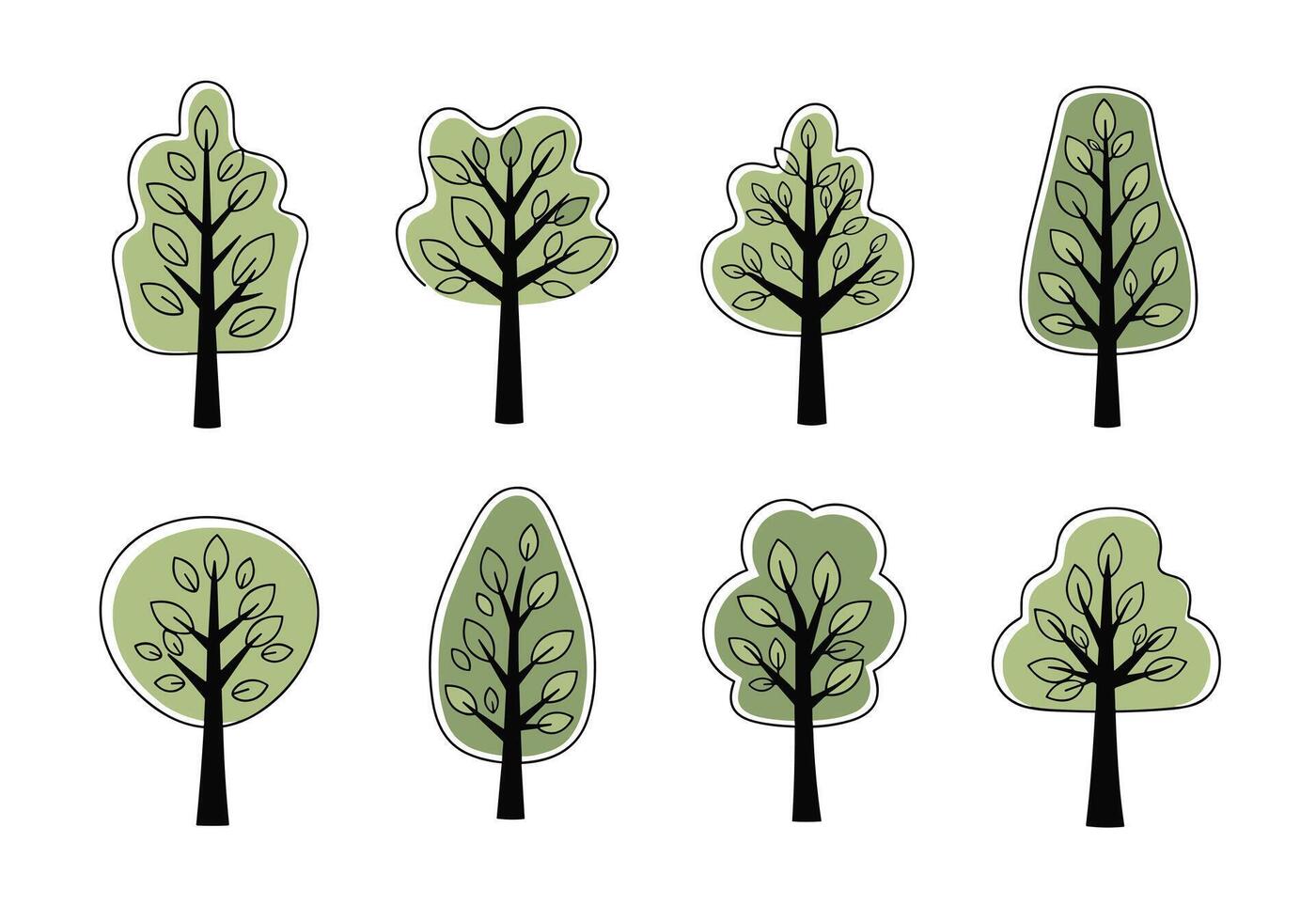 Collection of stylized green trees with dashed outlines symbolizing nature and growth. A visual representation of diverse arboreal forms. vector