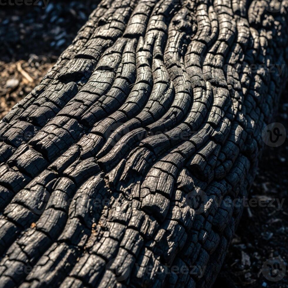 Close up of a weathered and charred tree trunk revealing deep textured bark patterns and organic lines photo