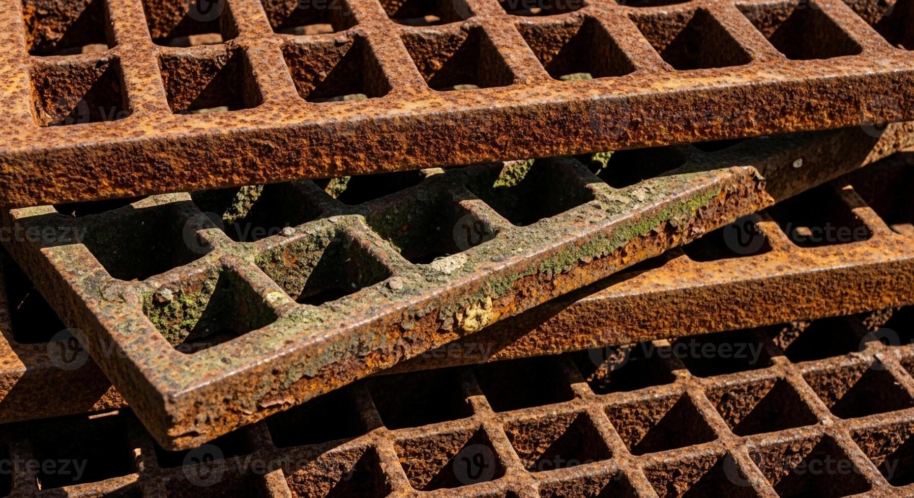 Close up view of weathered and rusty metal grates stacked together showing intricate geometric patterns and textures photo