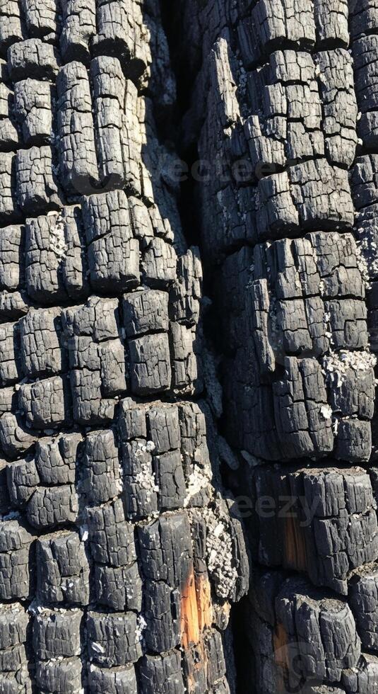 Close up view of deeply charred wood grain revealing intricate textures and patterns from a destructive fire event photo