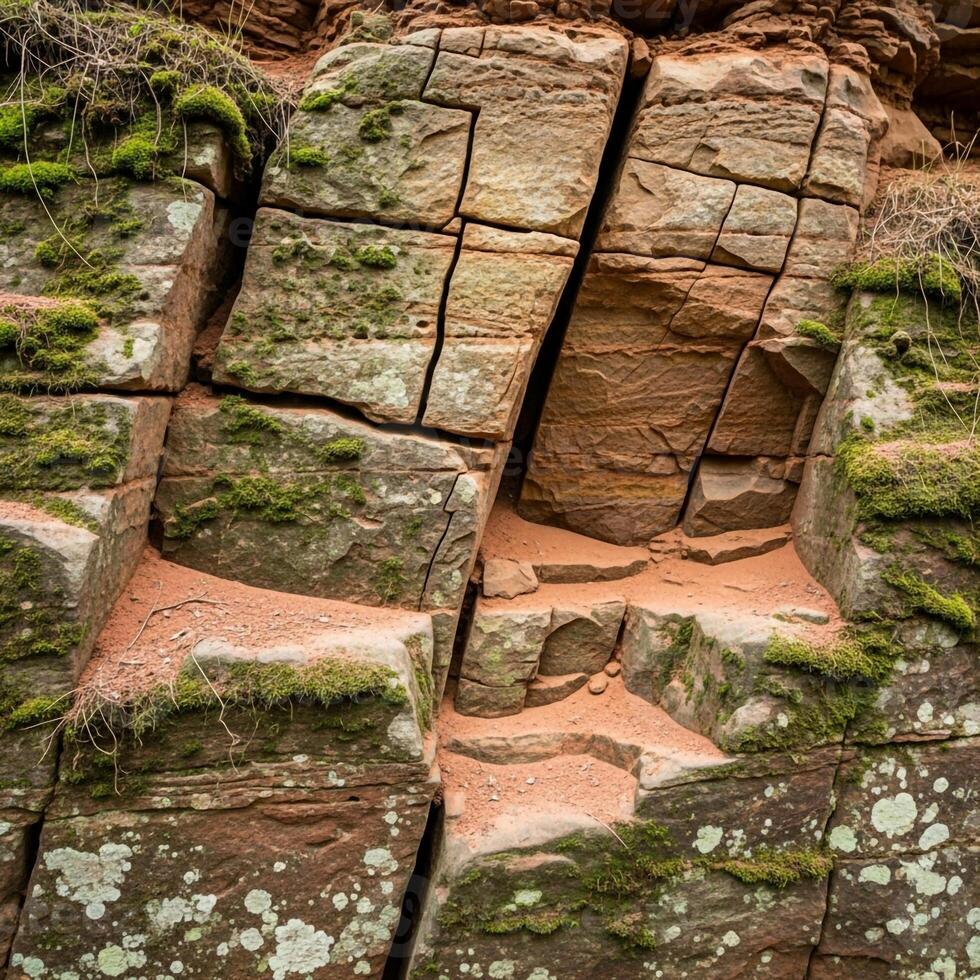 Weathered sandstone cliff face with intricate cracks and patches of vibrant green moss and lichen creating a natural abstract pattern photo