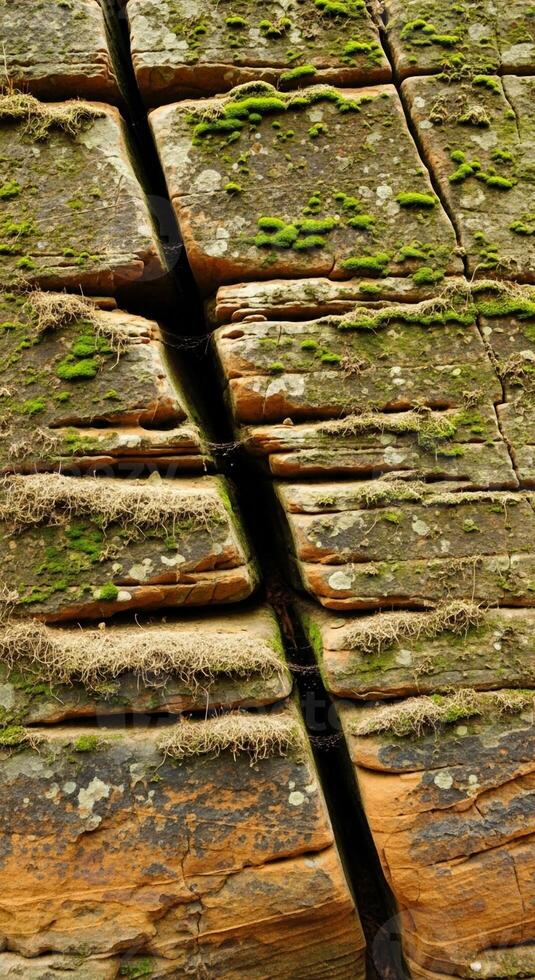 Close up view of weathered wood grain with moss and a thin branch creating a natural abstract pattern of textures and lines photo