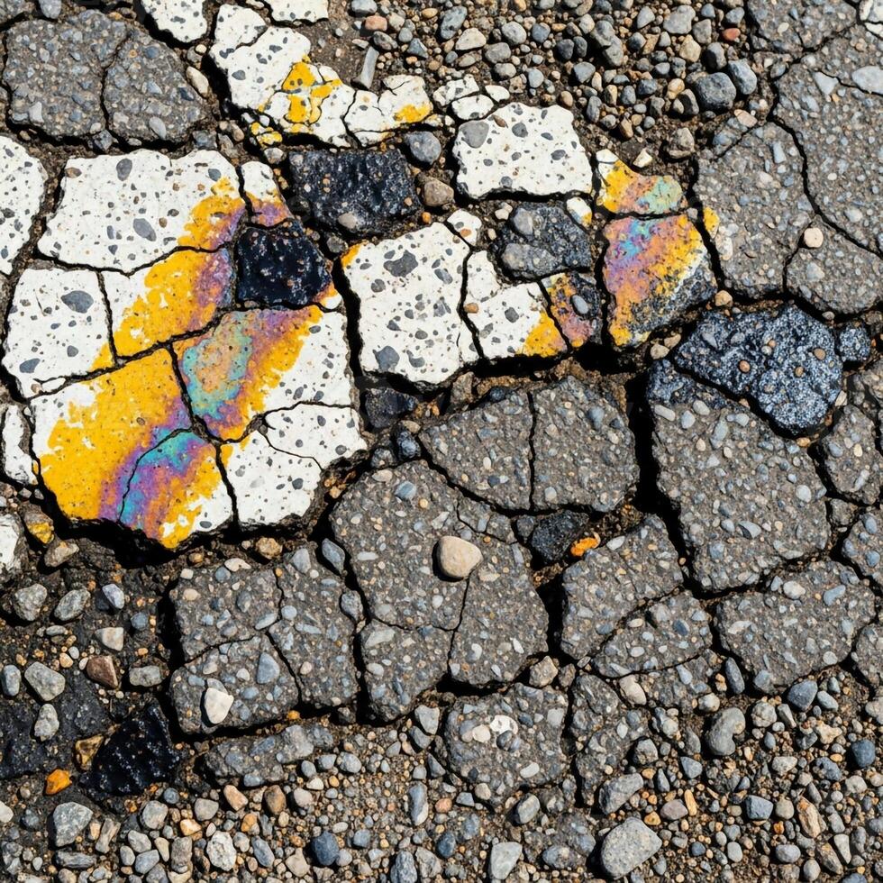 Cracked asphalt surface with vibrant iridescent oil slick patterns reflecting sunlight creating a colorful abstract texture photo