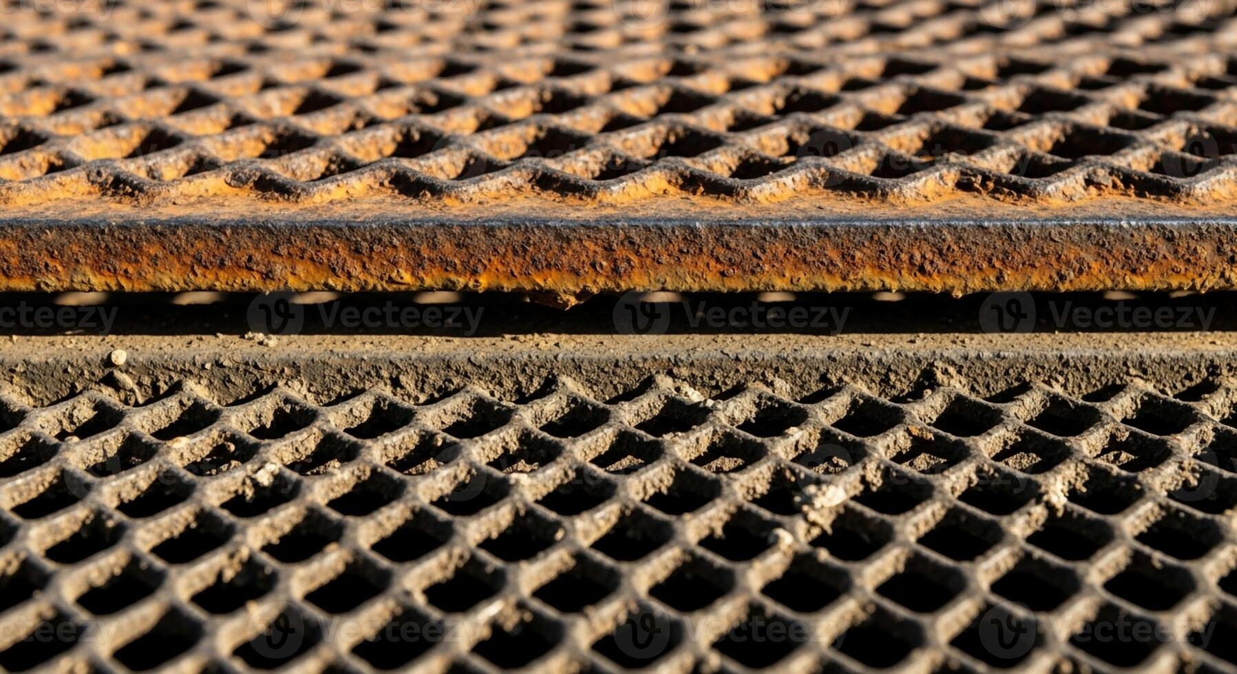Close up abstract view of weathered rusty metal grating with a textured diamond pattern and a horizontal bar photo