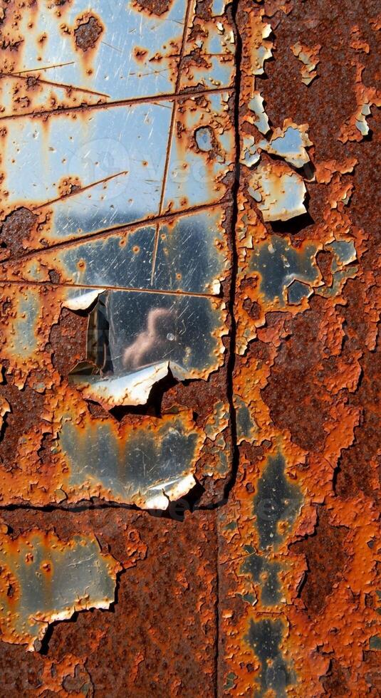 Close up abstract view of heavily rusted metal surface with peeling paint revealing layers of texture and color photo