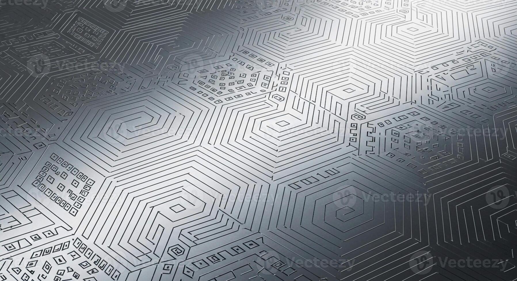 Intricate geometric patterns etched onto a textured metallic surface with subtle light reflections and shadows creating depth photo