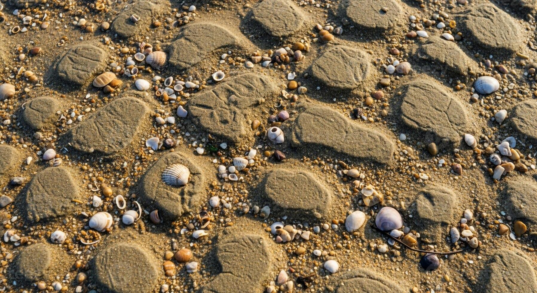 Close up view of a textured beach with smooth rounded pebbles and small shells scattered across the sand photo