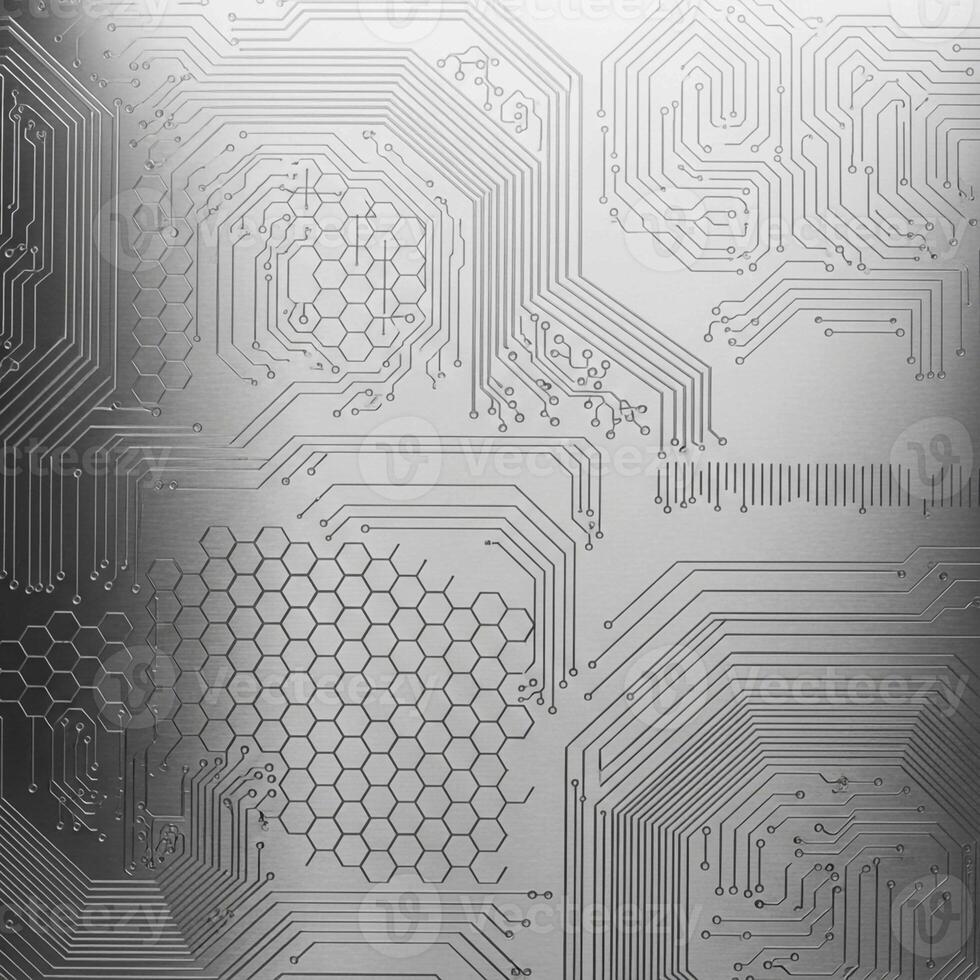 intrincado plata circuito tablero modelo con hexagonal y lineal caminos representando tecnología y conectividad foto