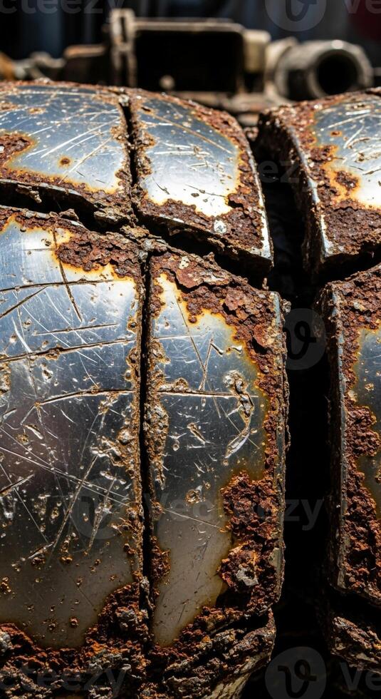 Close up view of a heavily rusted and weathered metal object with segmented sections and deep cracks revealing its age photo