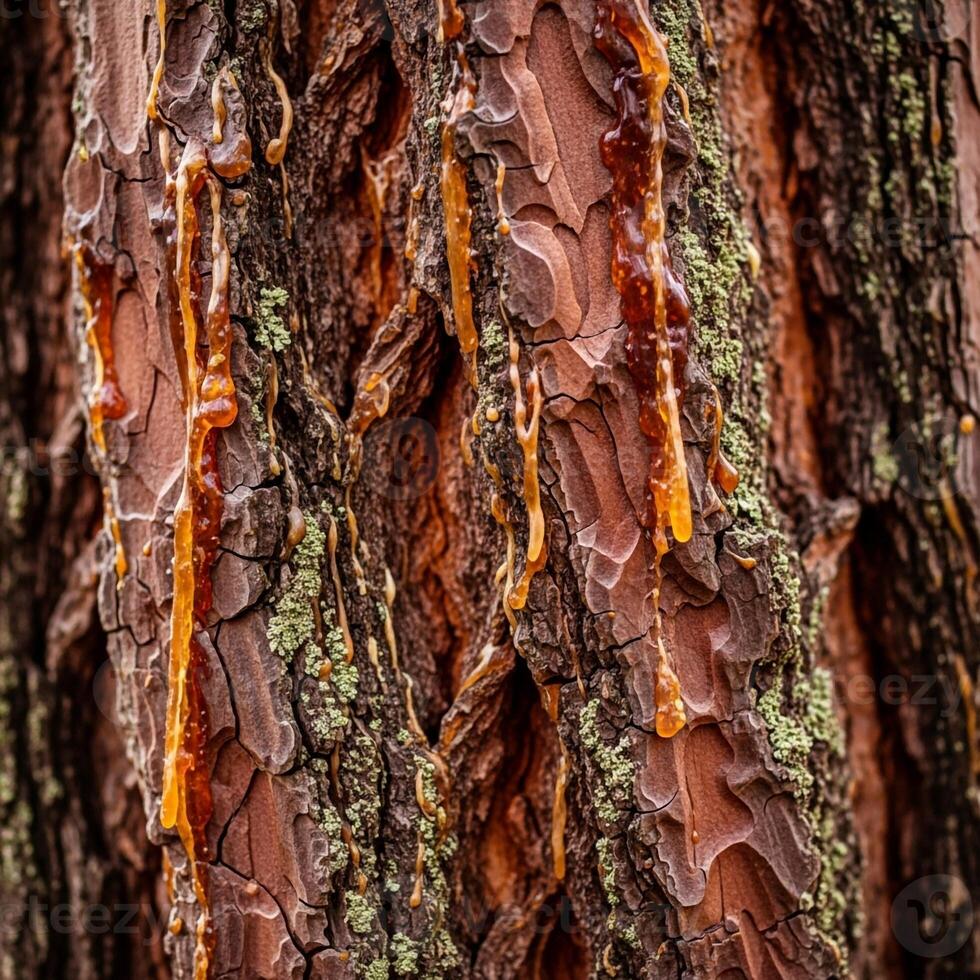Close up view of rough textured tree bark with amber colored sap dripping down its surface in a forest setting photo