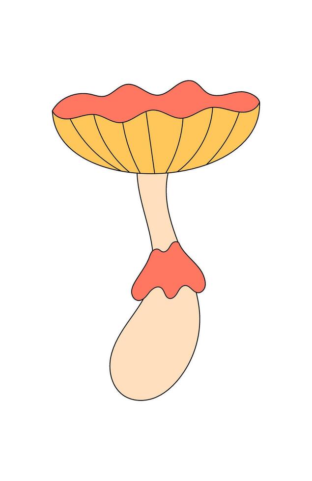 Groovy retro psychedelic mushroom in cartoon graphic style. Colorful trippy shroom with magic groovy element, vibrant and fun for y2k inspired art, playful backgrounds and creative use. vector