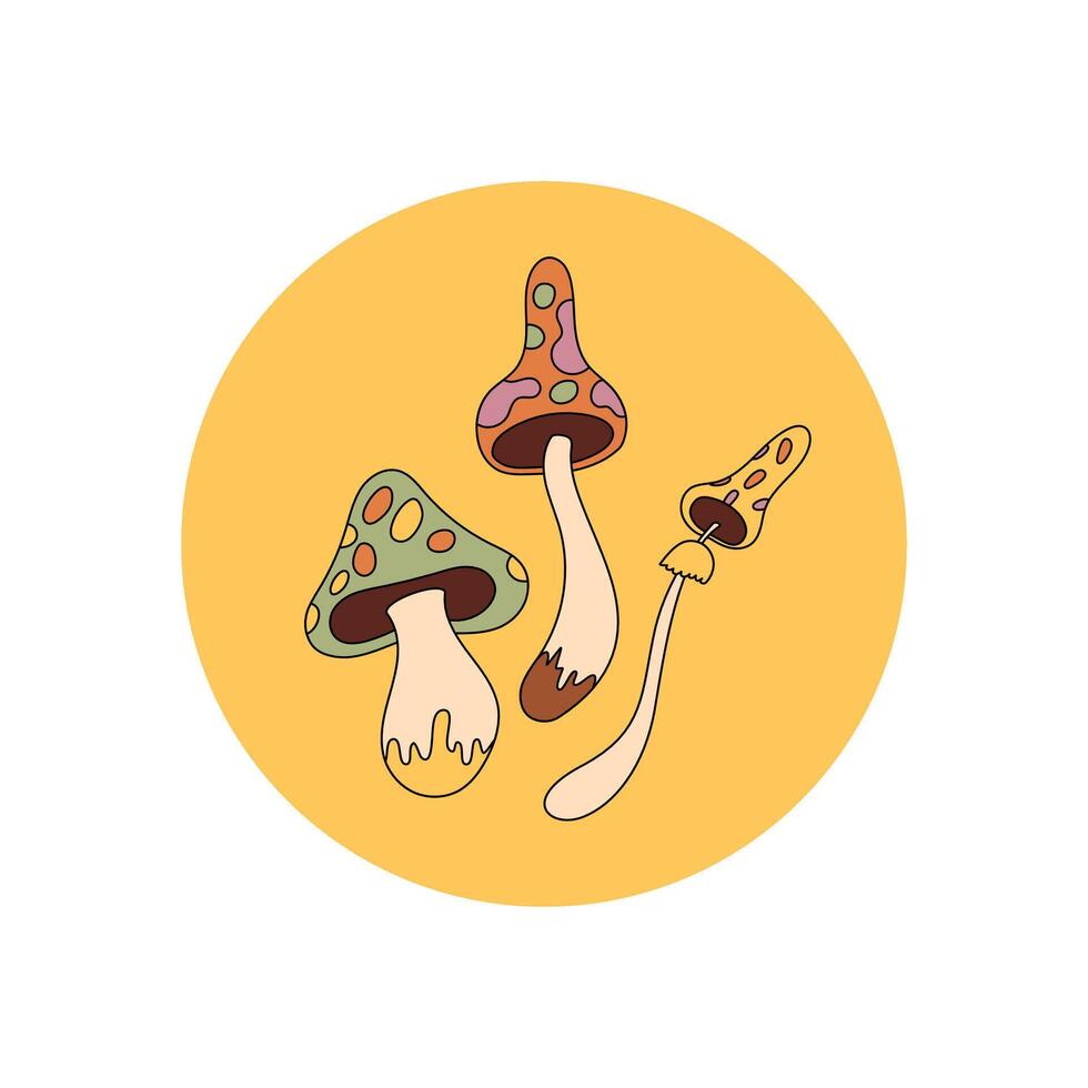 Groovy psychedelic mushroom sticker in retro circle label style. Funky patch with magic colors and y2k charm perfect for sealing a package or lid. Colorful and playful option for box or package. vector