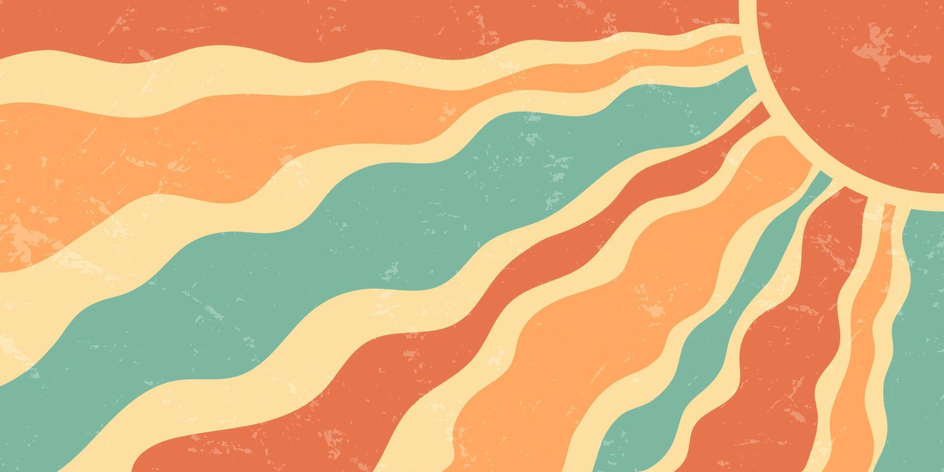 Groovy retro sun burst with wavy rays and vintage background. Sunshine bursts in orange and yellow, create a grungy y2k look. Horizontal format adds classic, bold summer style for creative vector