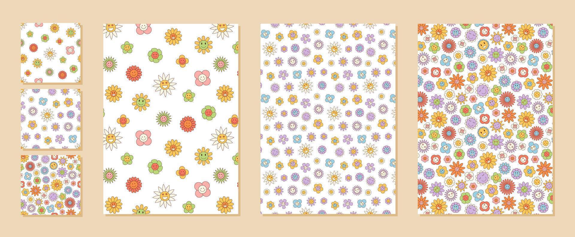 Groovy retro floral pattern set with colorful seamless background. Funky happy daisy and flower elements appear as a vibrant seamless pattern. Ideal for y2k style projects and creative printing. vector
