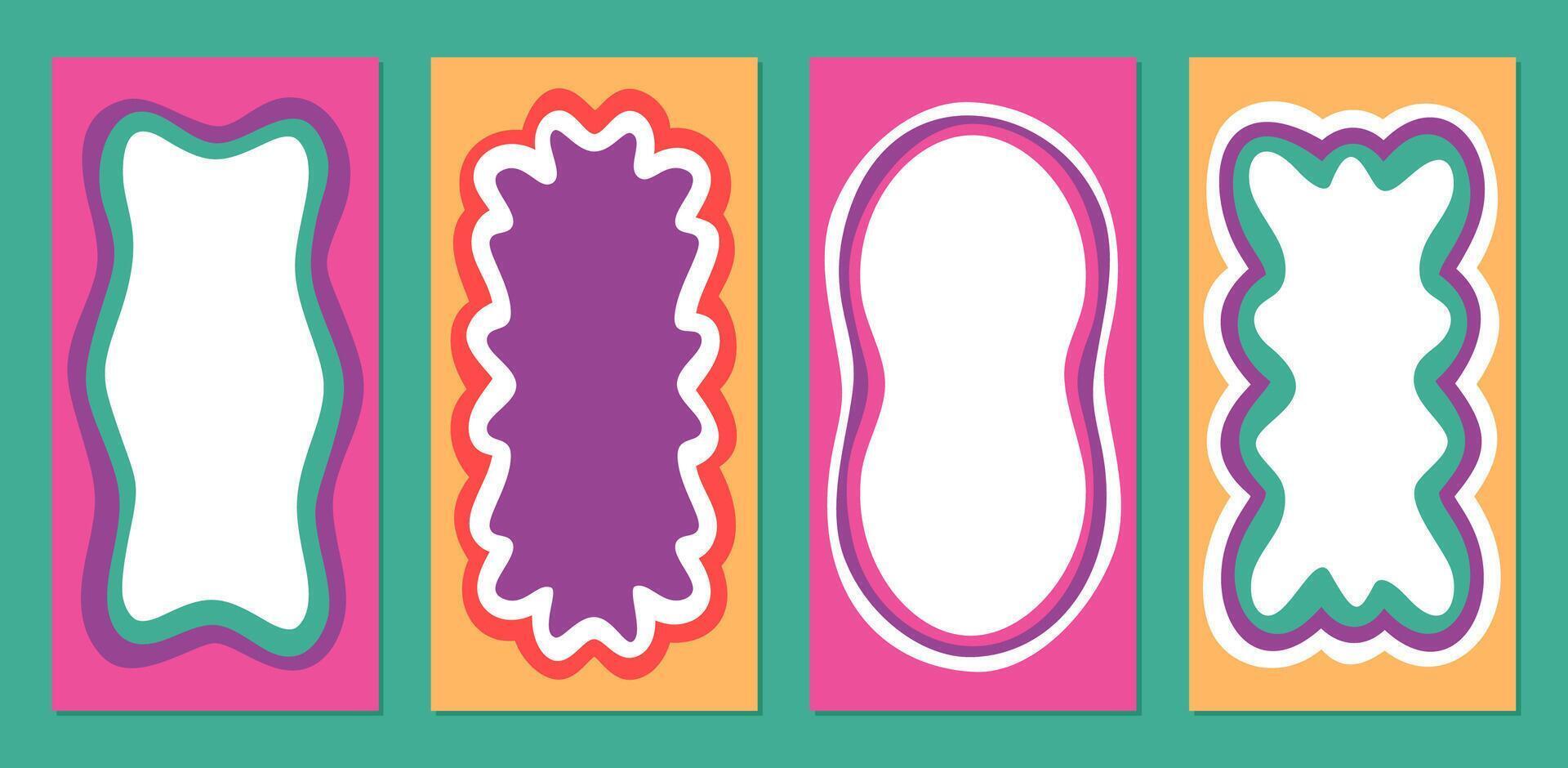 Groovy retro rectangle frame set with colorful wavy shape. Hand drawn outline border creates y2k graphic accent. Vibrant background forms a cool and playful look. vector