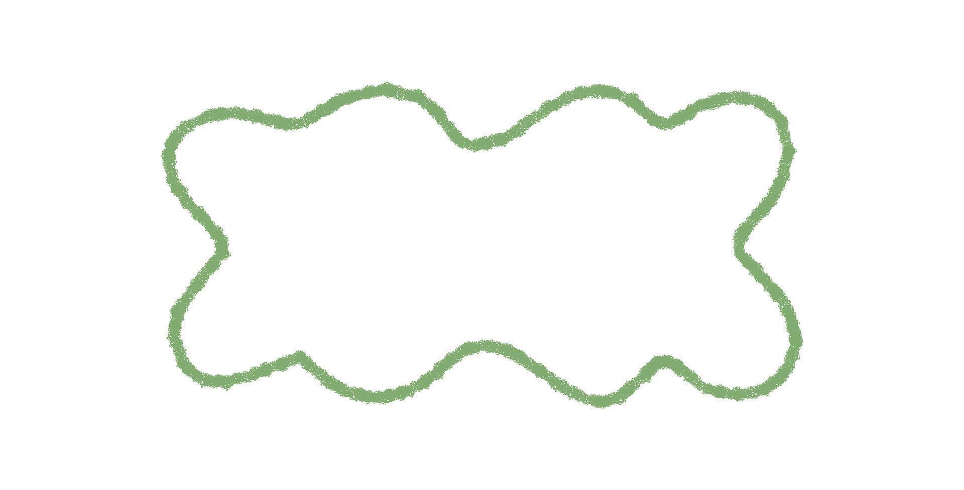 Groovy hand drawn wavy rectangle border in crayon sketch style with retro outline. Chalk frame and label graphic in green color with y2k background creates a playful modern edge. vector