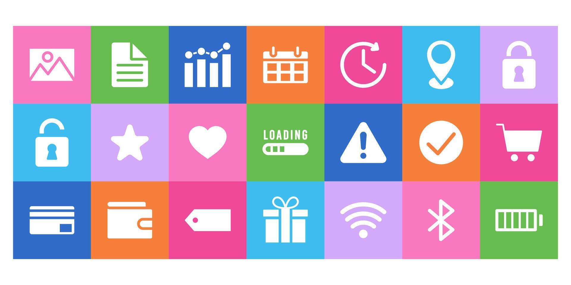 Vibrant flat colored UI icon bundle with essential symbols like image, chart, calendar, clock, star, heart, cart, and more. Perfect for app, web, e-commerce, and business design. Clean and modern. vector