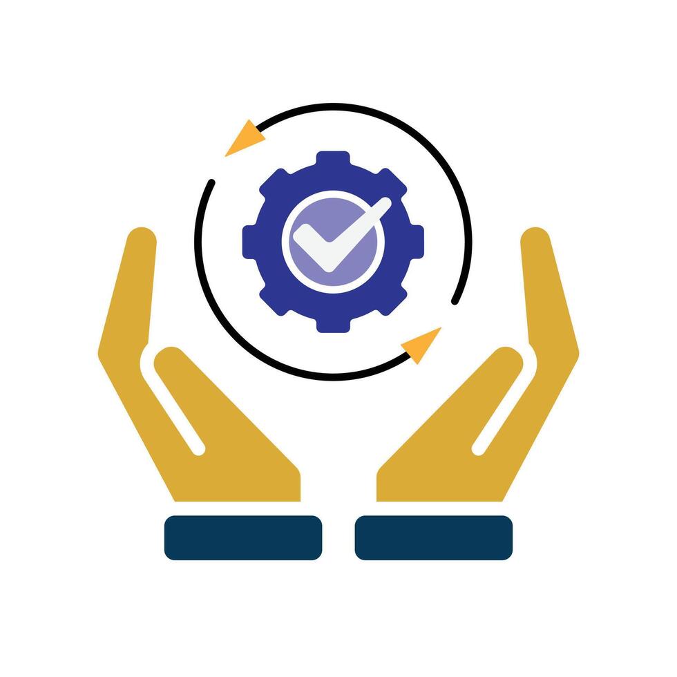 Automation icon. AI. Gear with a check mark and two circular arrows in two hand. automatic, manager, web. Flat design style. vector