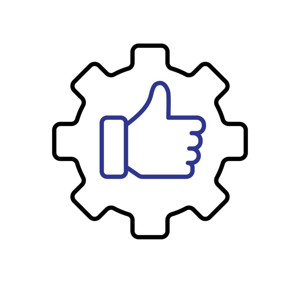 Best practice icons, gears with like, recommendations. business, feedback, outline design style on a white background vector