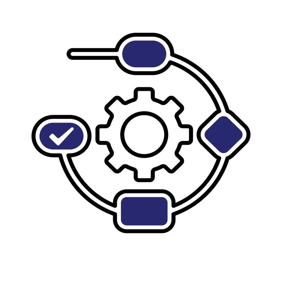 workflow icon. automated management. gears surrounded by flow chart symbols. trigger node, data tool, technology. Mixed design style vector
