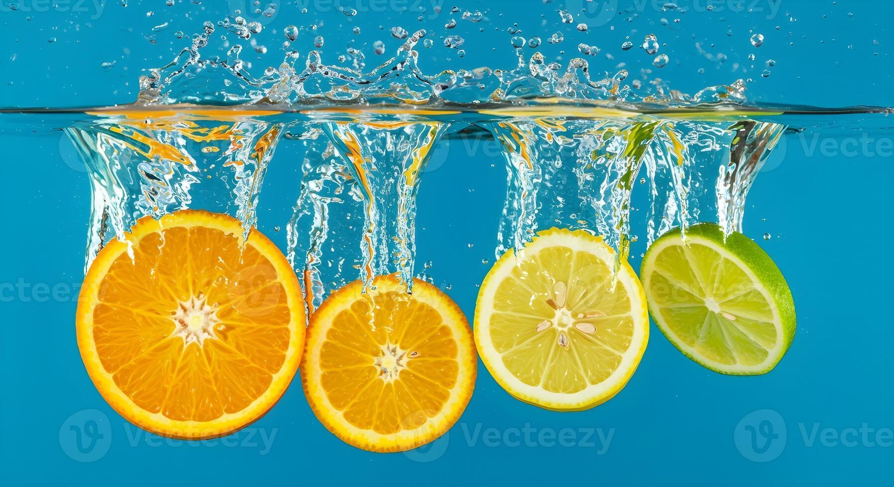 Citrus fruit slices splashing underwater creating refreshing scene photo