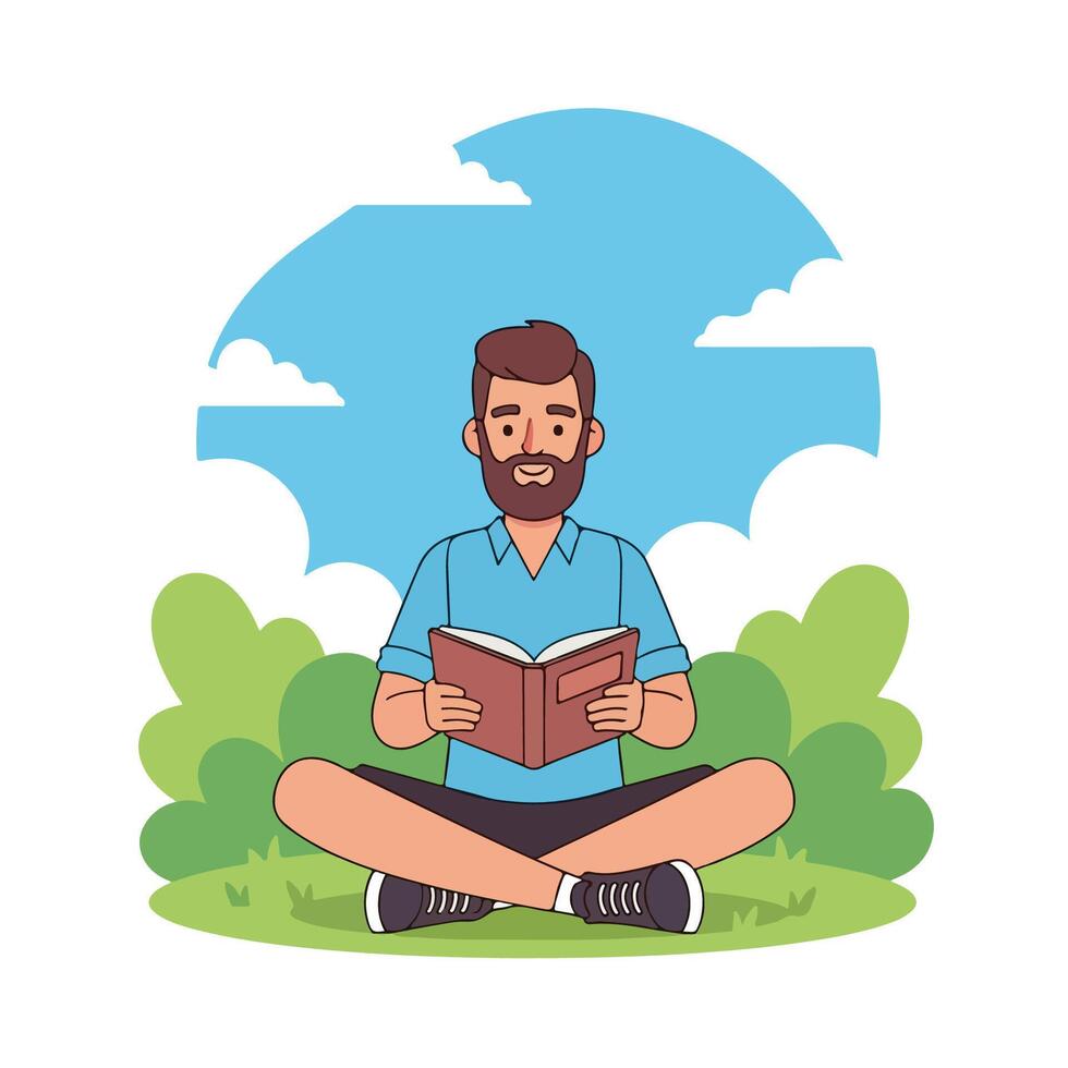 A man enjoys reading a book in a park surrounded by lush greenery and a clear sky vector