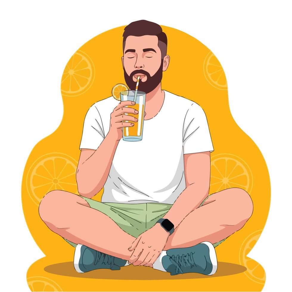Man sitting cross-legged drinking a refreshing orange juice on a yellow background with orange slices vector