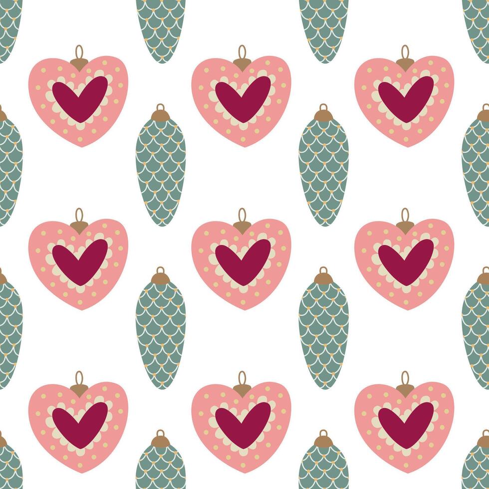 Colorful hearts and pine cones pattern vector