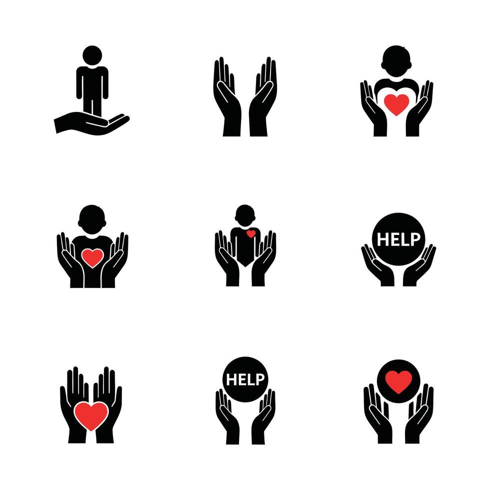 A collection of simple icons illustrating concepts of human compassion, support, care, and assistance for those in need, symbolizing community and help vector