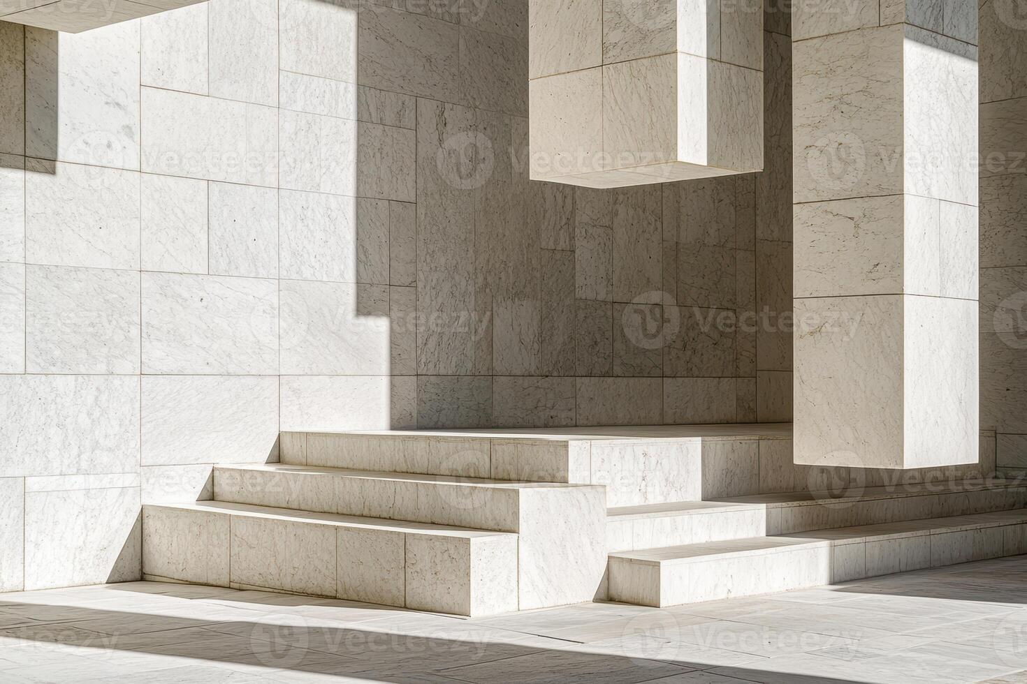 Modern architecture featuring floating marble blocks in sunlight photo