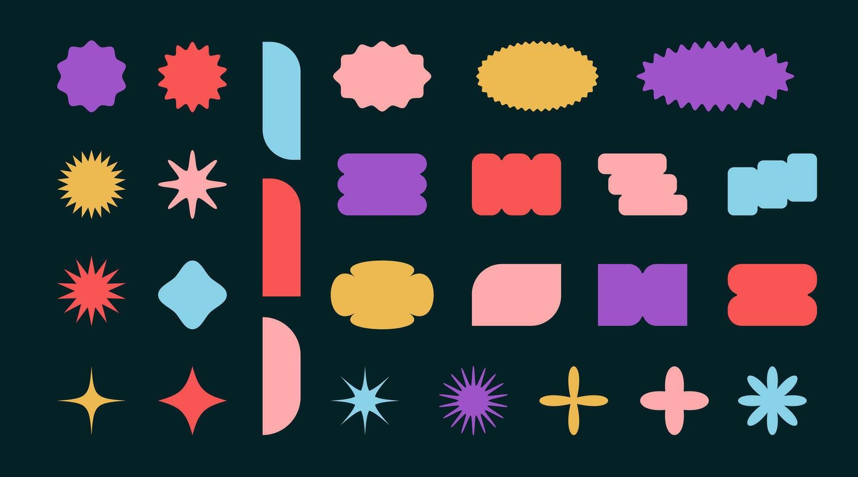 Geometric color abstract different shape sticker set. Graphic elements in minimalist style. Collection figures circle, star, flower, blob. Modern design form. illustration black background vector