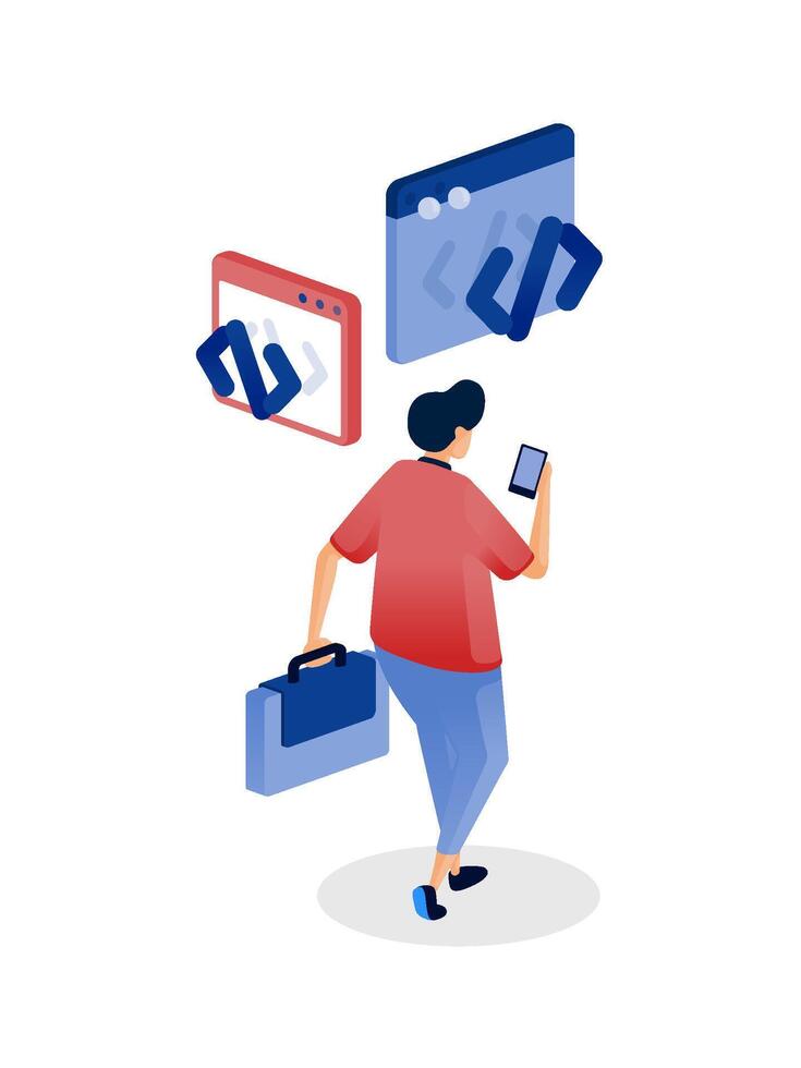 Man using phone and carrying briefcase vector