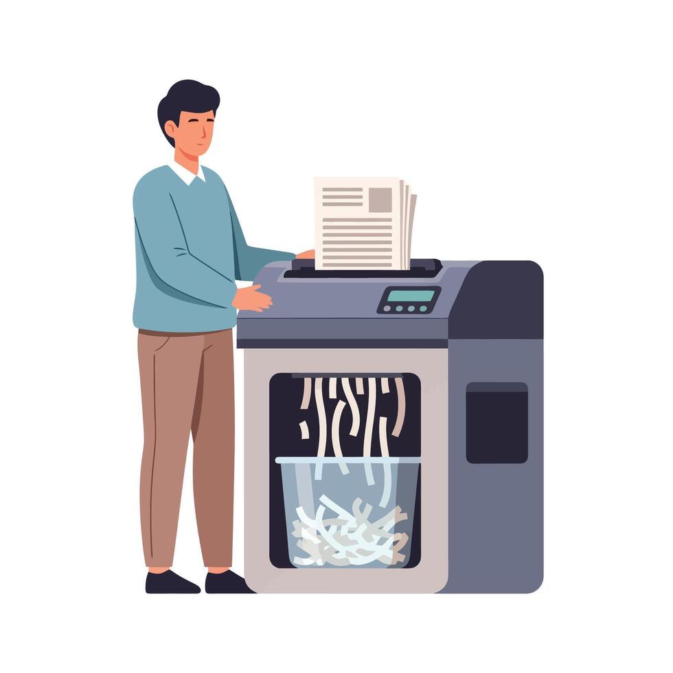 Professional worker shredding documents for security in modern office space vector