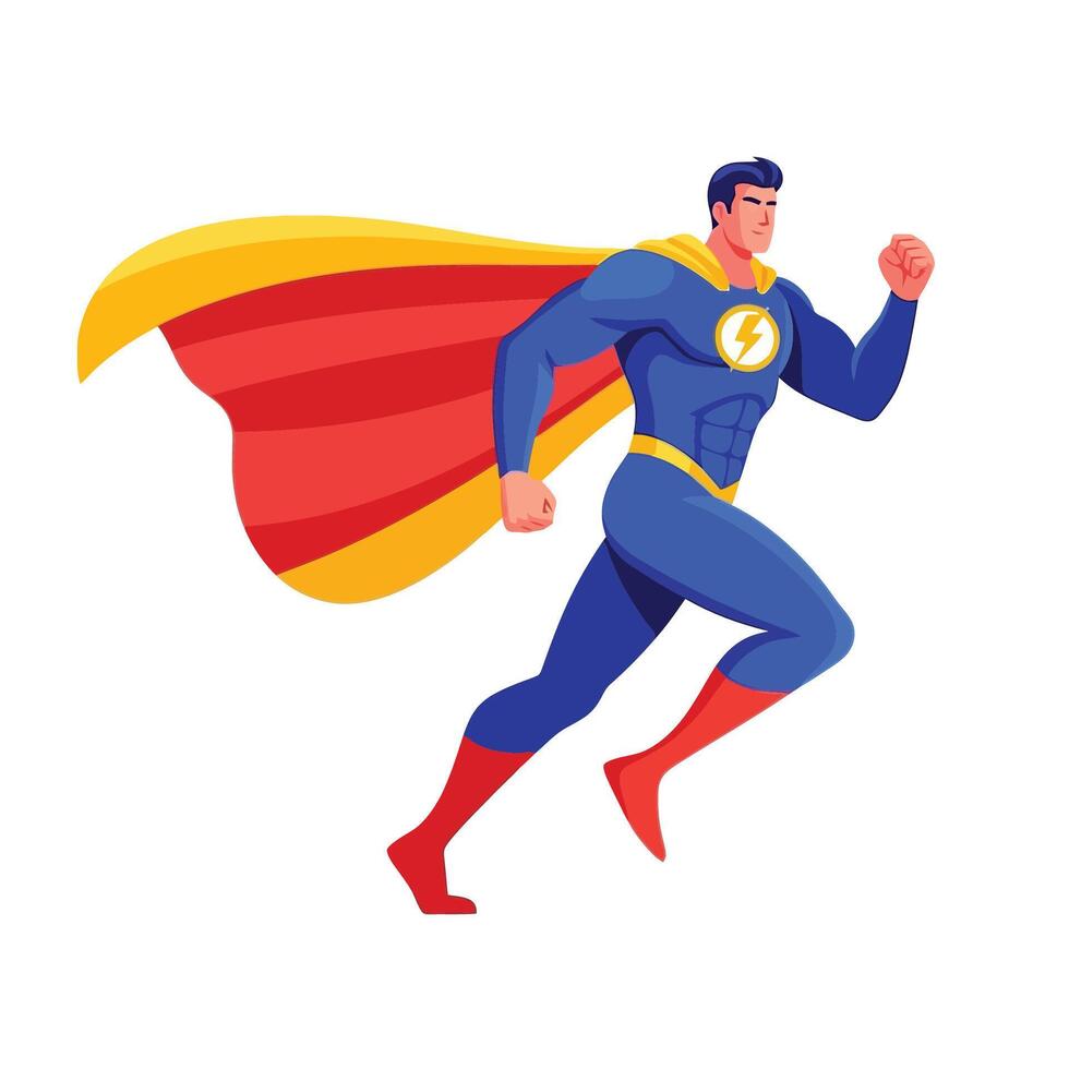 Dynamic superhero in action running with cape fluttering behind him vector