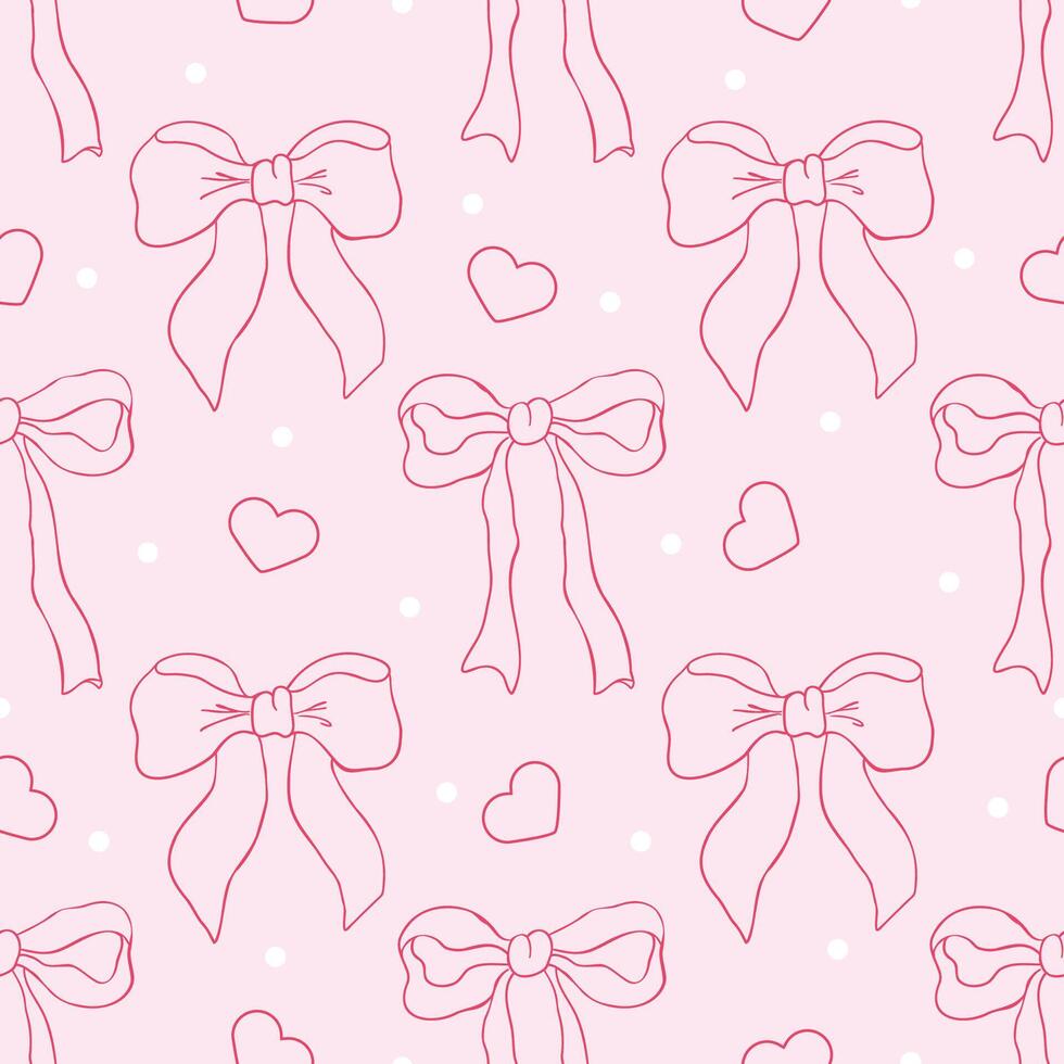 Coquette aesthetic seamless pattern with ribbon bows on a pink background with hearts and dots vector