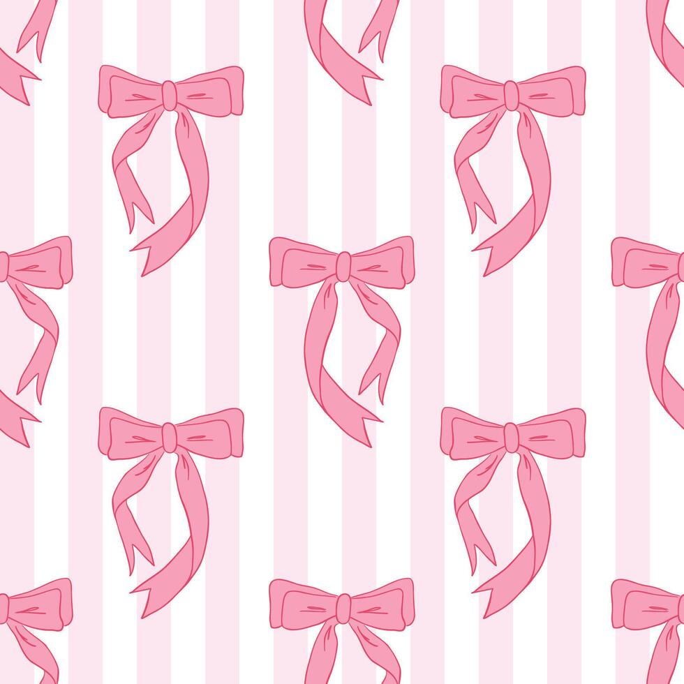 A pattern of charming ribbons and bows in a Coquette style on a white and pink striped background. vector