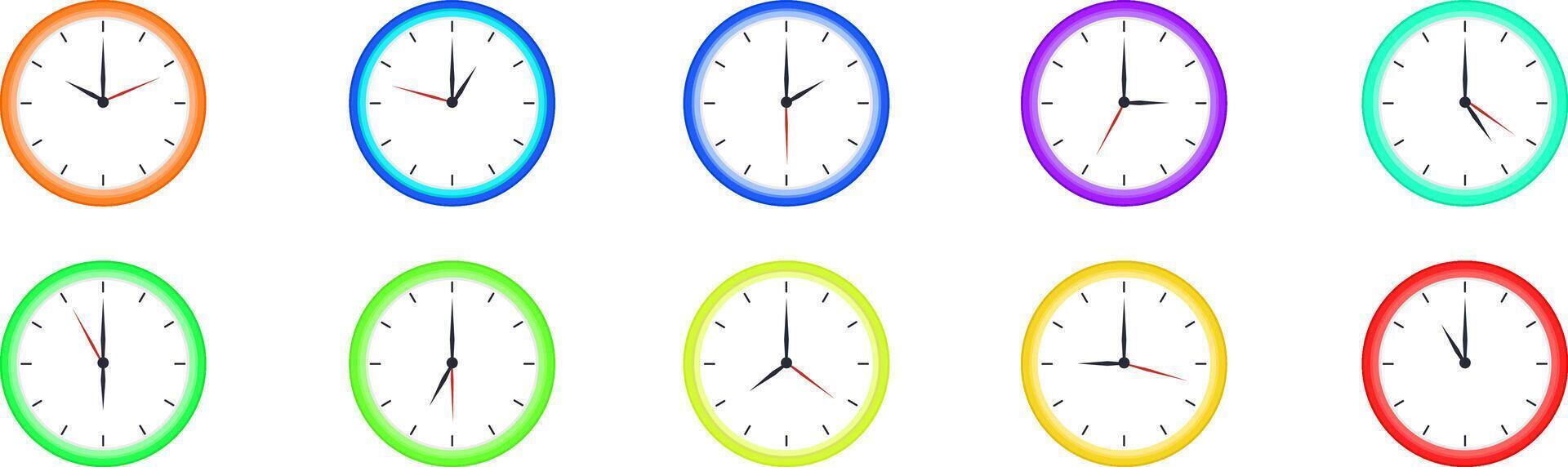 Colorful clock icon set showing time in modern minimal circular design vector