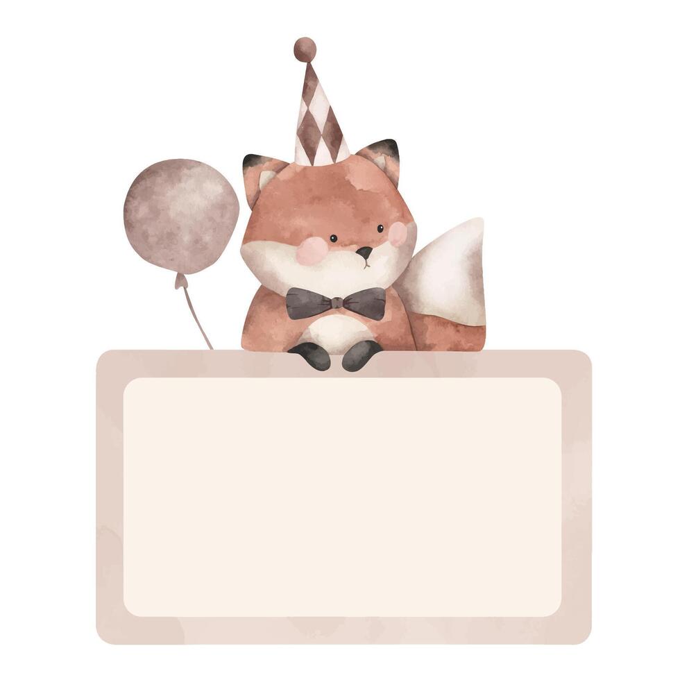 Brown balloons. Watercolor hand-drawn illustration with brown and beige postcard template with funny fox in retro cap and bow tie and place for text. vector