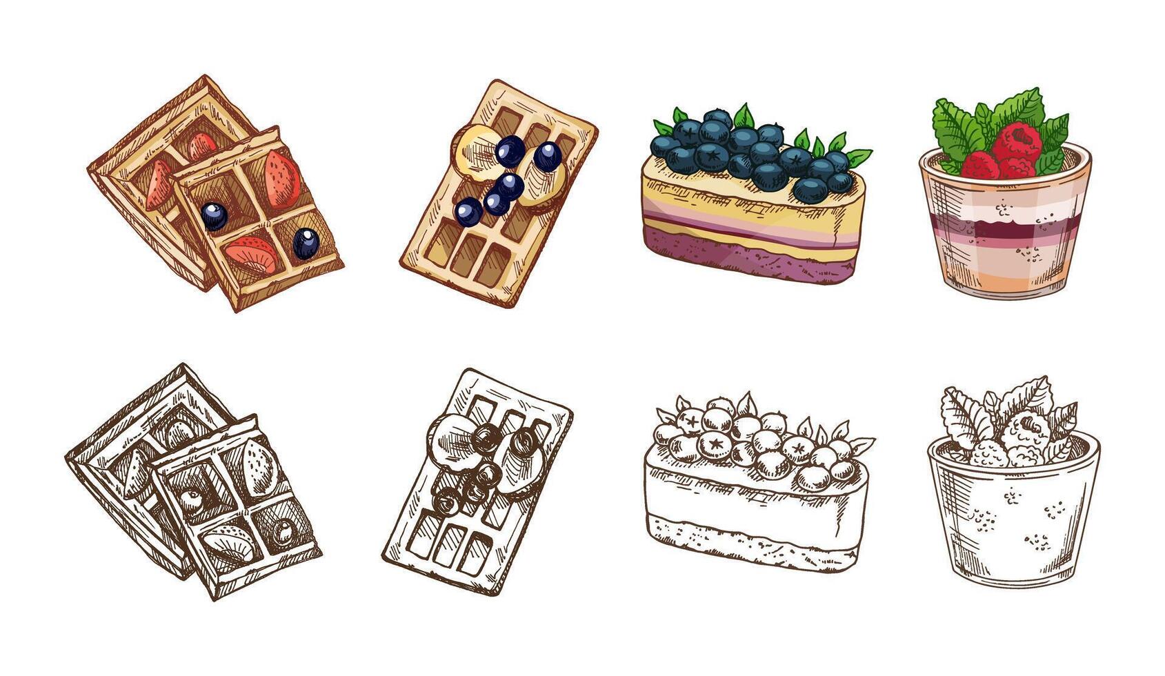 Hand drawn vintage sketch of waffles with berries and banana slices in color and monochrome vector