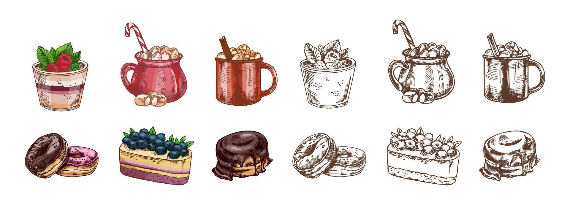 Hand-drawn vintage sketch set of waffles, donuts and hot chocolate mugs with marshmallows, color and monochrome version vector