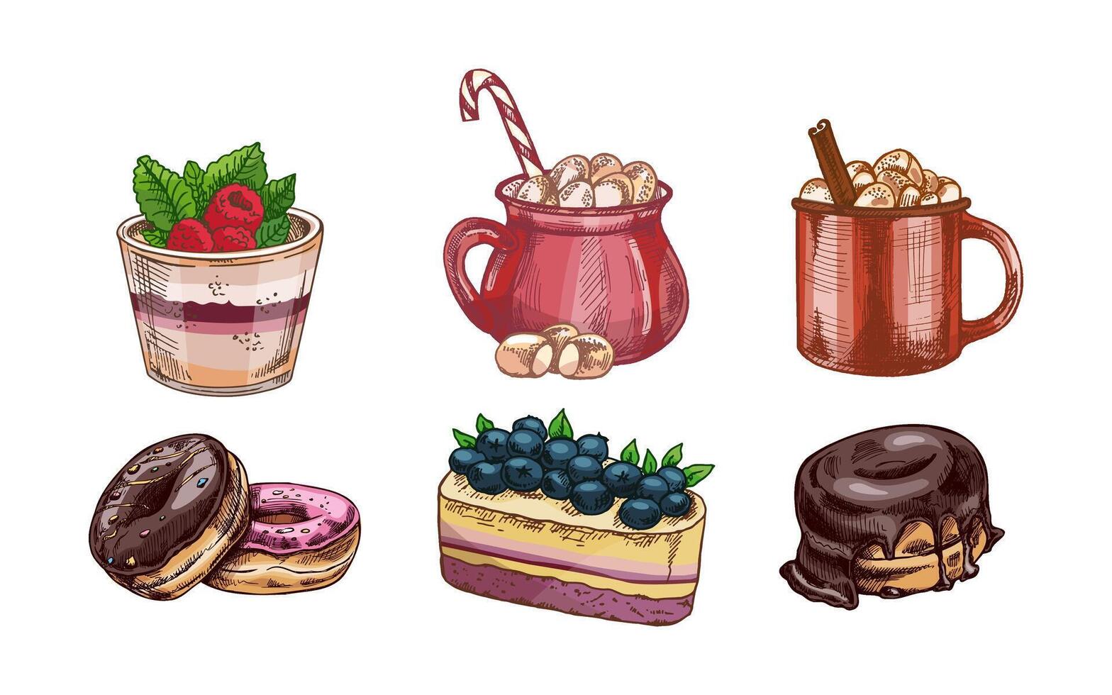 Hand drawn sketch set of waffles, donuts and hot chocolate mugs with marshmallows, color and monochrome version vector