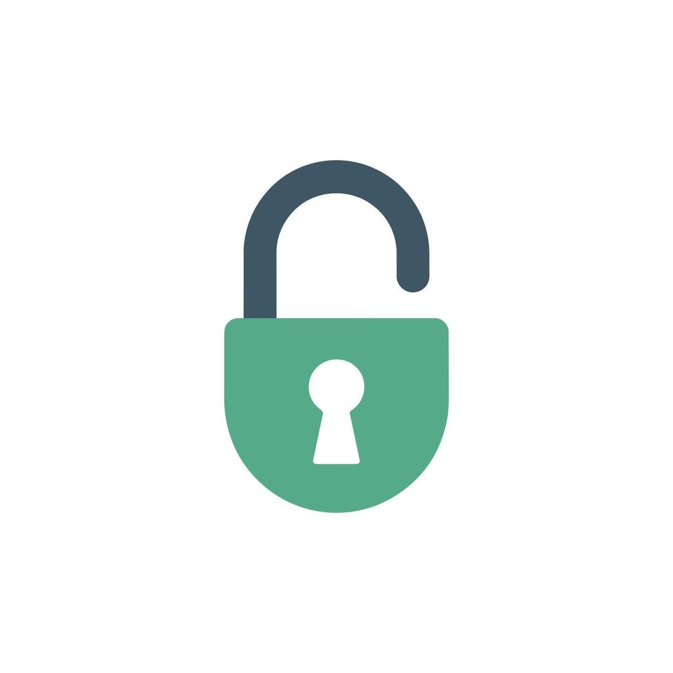 A simple green unlocked padlock icon representing open access on a white background vector