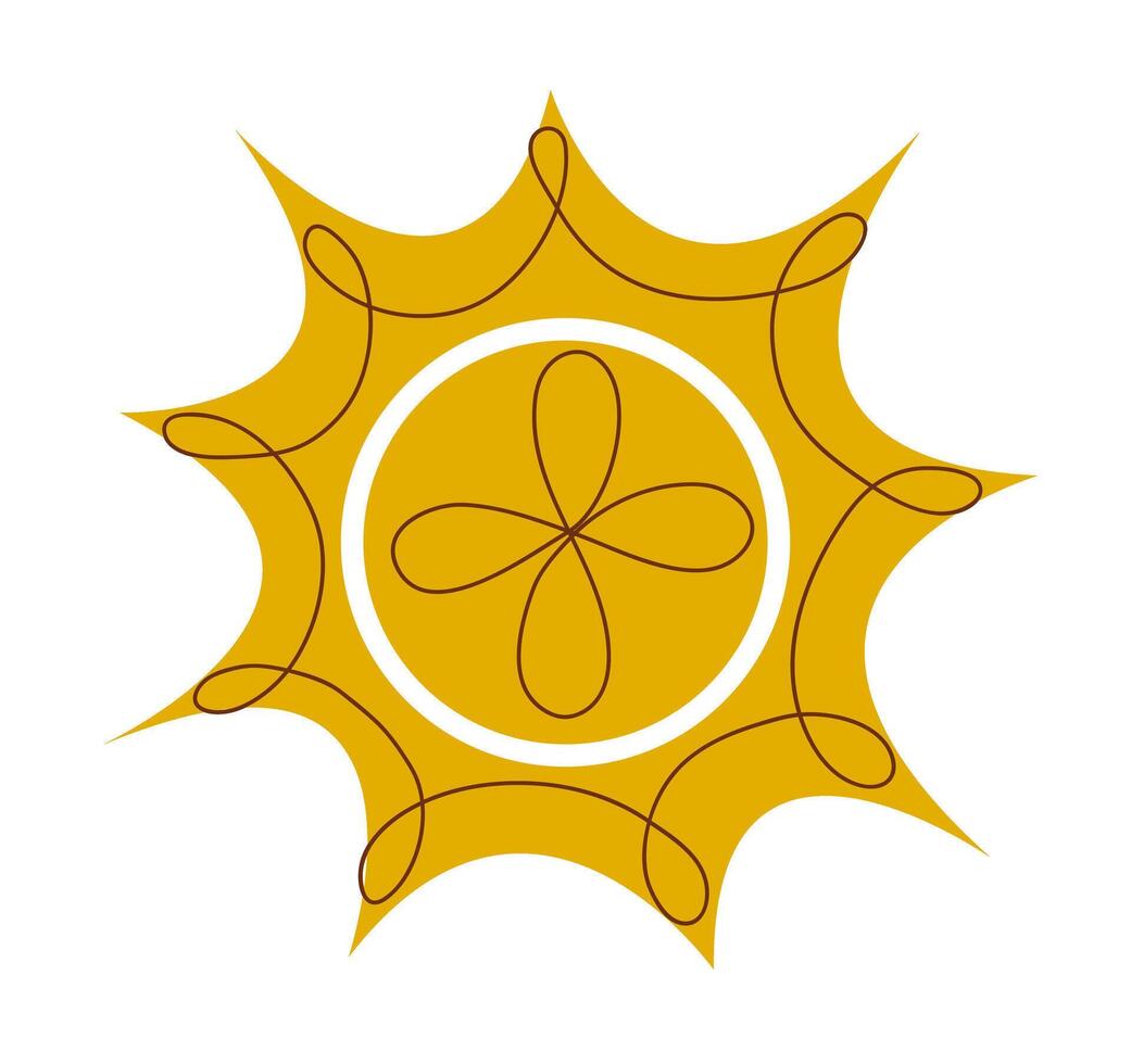 Stylized sun icon with intricate brown patterns in a bright, warm artistic composition. Line art vector