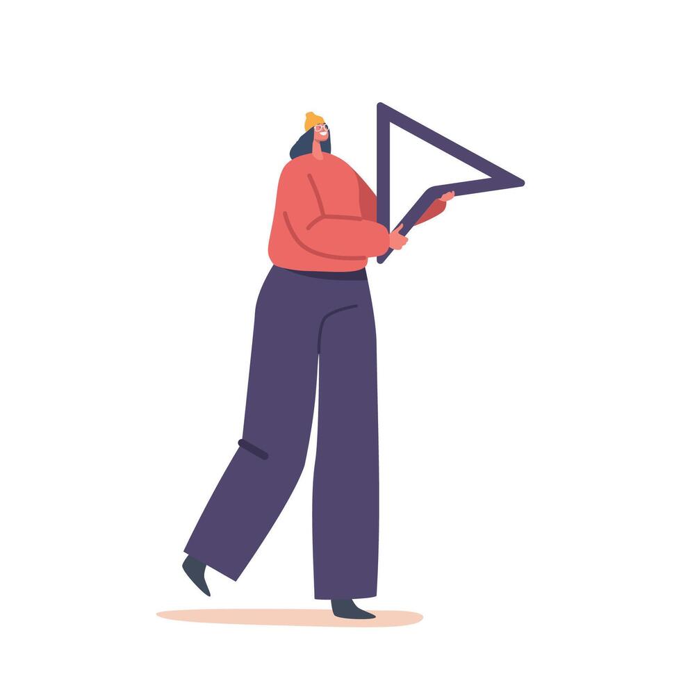 Graphic Designer Female Character With Huge Arrow Cursor Sign, Symbolizing The Direction And Guidance vector