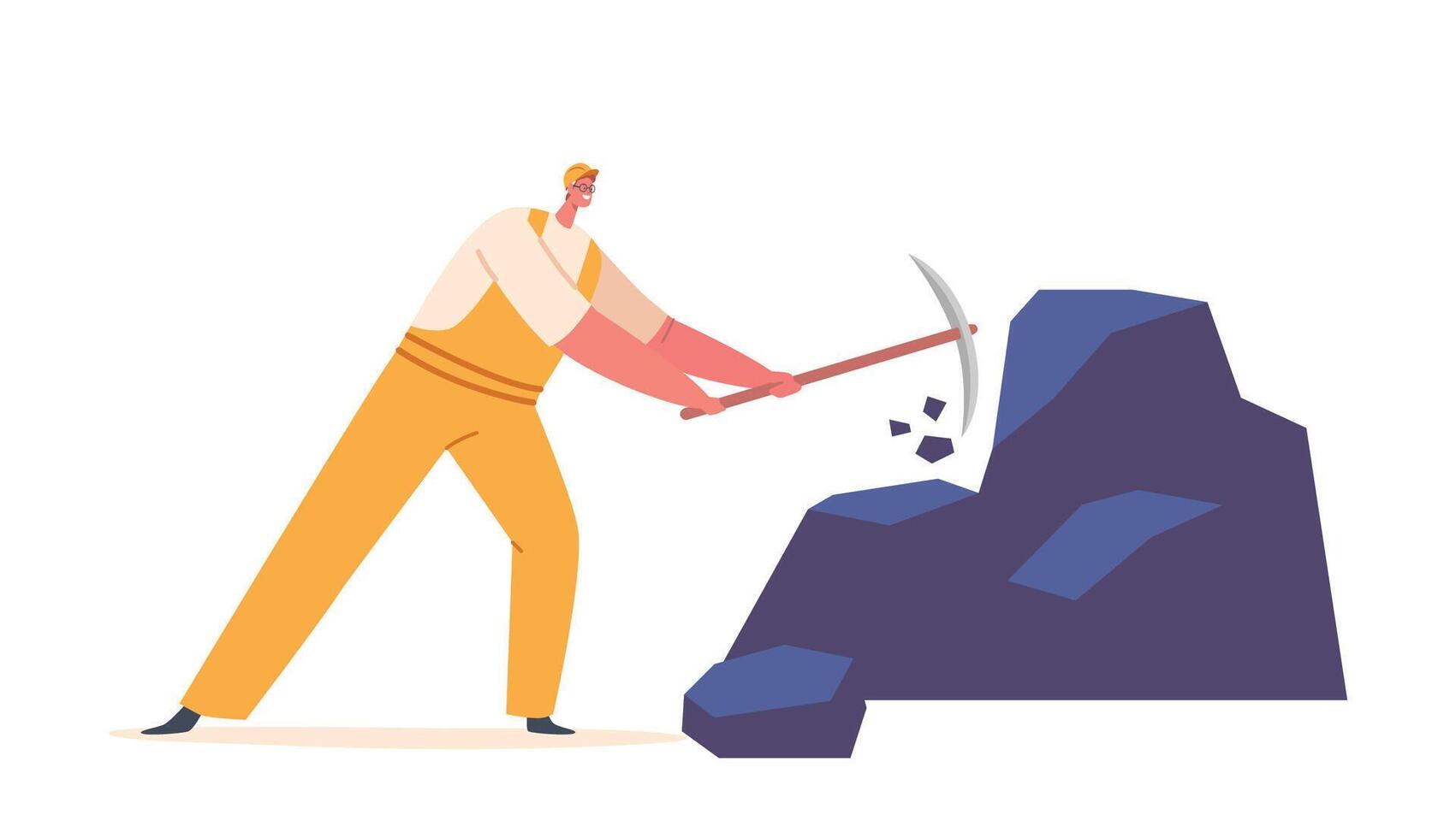 Miner with Pickaxe Digging Soil Explore Fossil on Quarry Pit, Mineral Exploration, Coal Mining Industry Concept vector