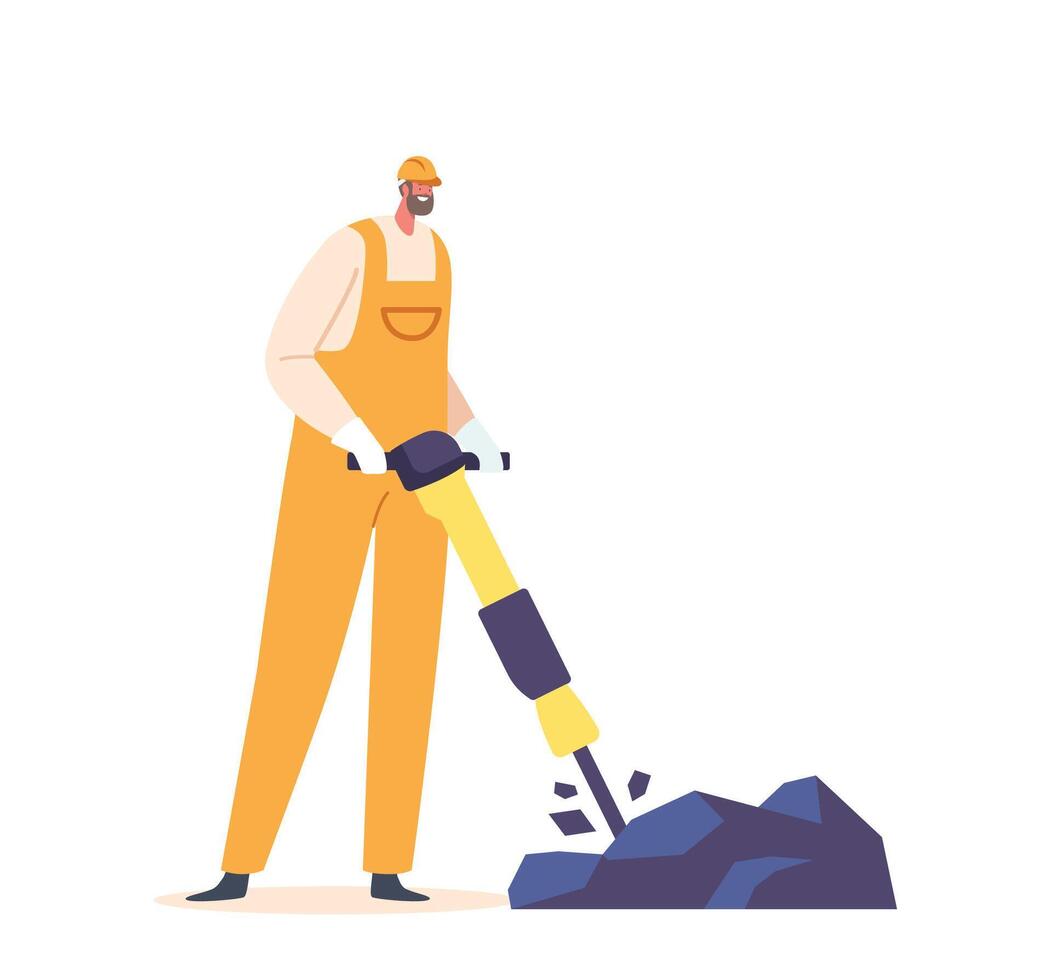 Miner Character Wielding A Jackhammer, Breaking Up Rocks In The Mine Shaft, Creating A Path For Extraction Equipment vector