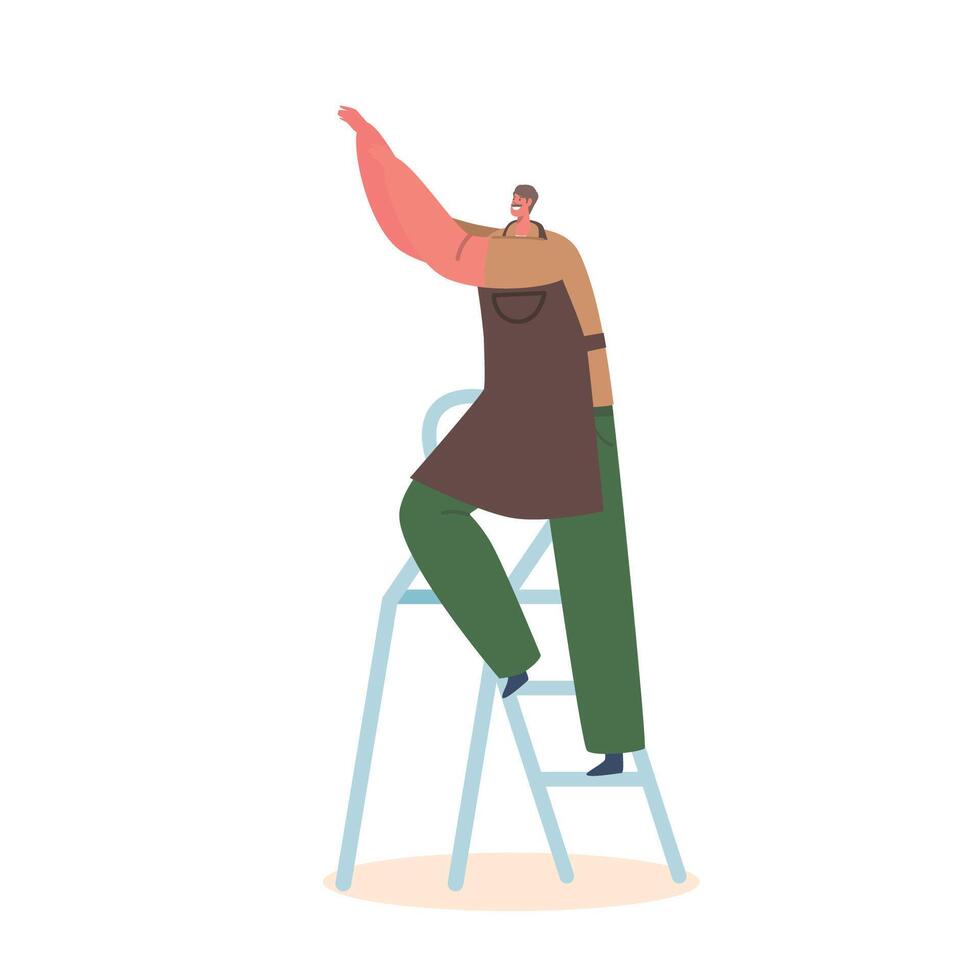 Man Character In Apron Standing On Ladder, Working Diligently. He Is Focused And Appears To Be Doing A Skilled Job vector