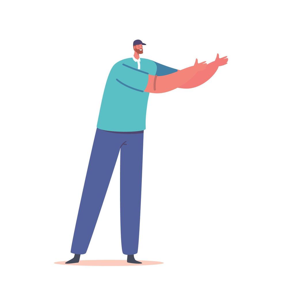 Handsome Man Character Gesturing Confidently, Conveying His Message With Purposeful Hand Movements And Smiling Face vector
