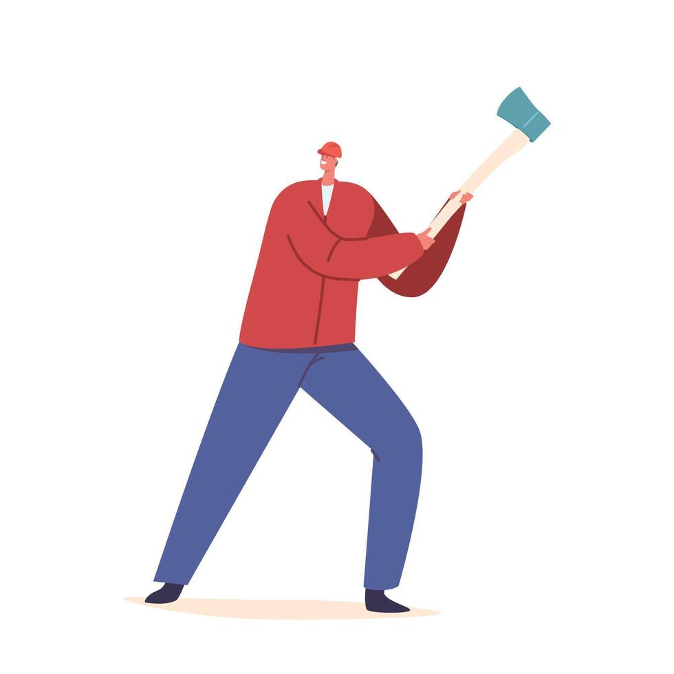 Strong Lumberjack Character Wielding A Sharp Axe, Ready To Take On The Mighty Trees. Man Expertly Chops Wood vector