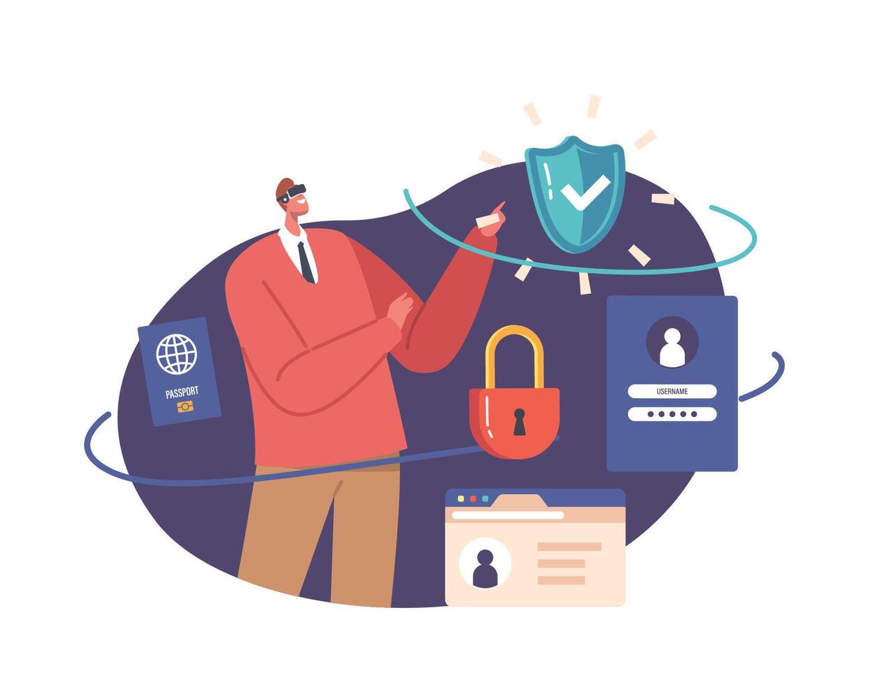 Man in Vr Goggles Use AR Dashboard. Character Work with Data in Cyberspace. Digital Services and Cyber Safety Concept vector